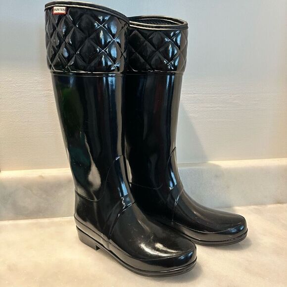 Hunter Rigley Quilted Glossy Tall Rubber Rain Boots Black Size 6 - Picture 1 of 5